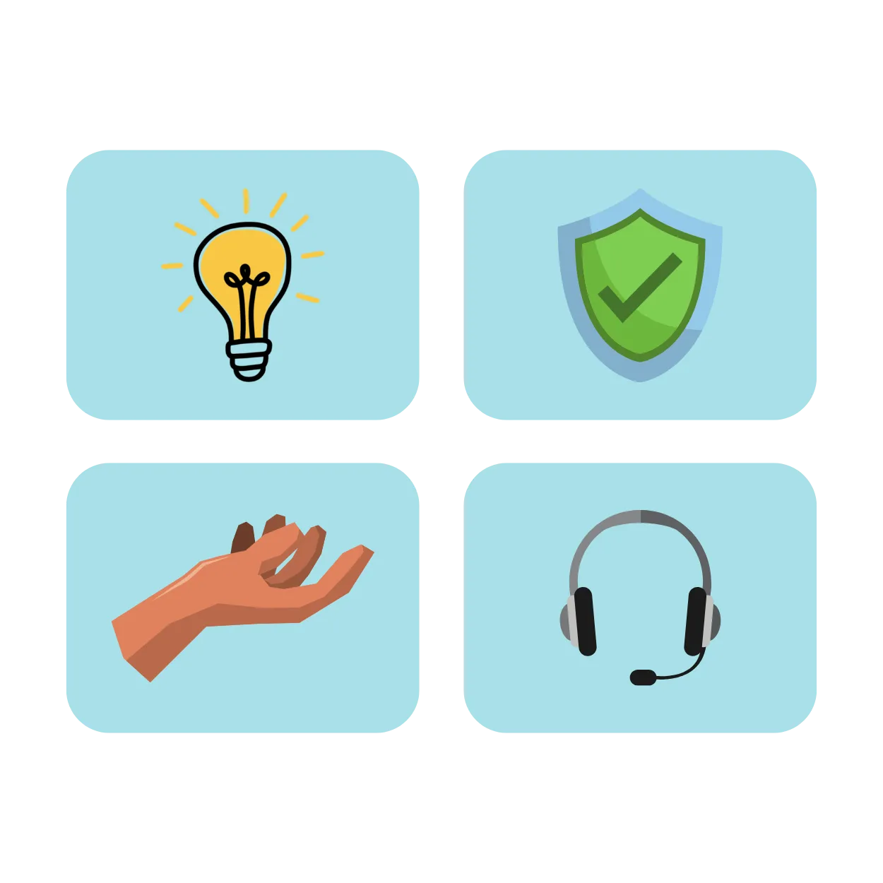 Icone che rappresentano innovazione, sicurezza, semplicità e assistenza clienti