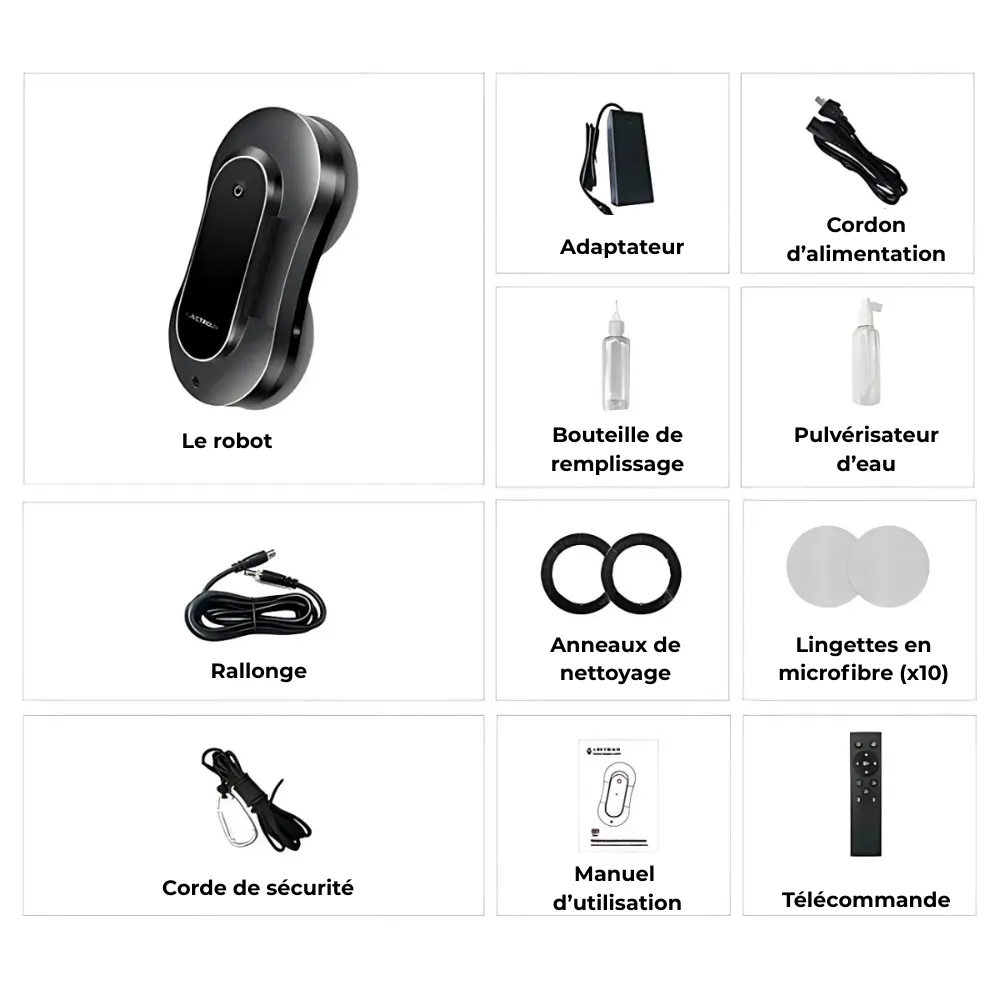 Contenido de la caja del robot limpiacristales con accesorios, mopas de microfibra, mando y cable