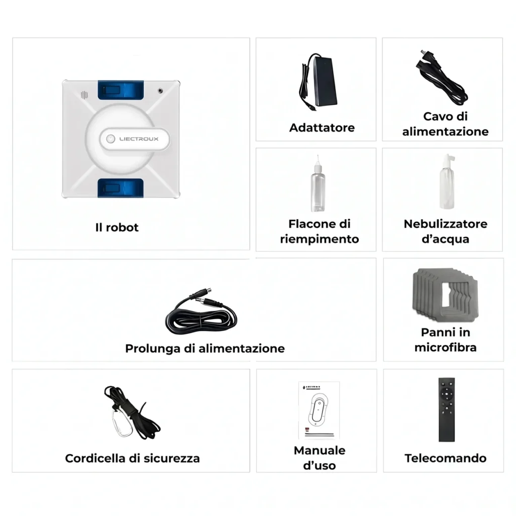 Contenuto della scatola del robot lavavetri con accessori e telecomando