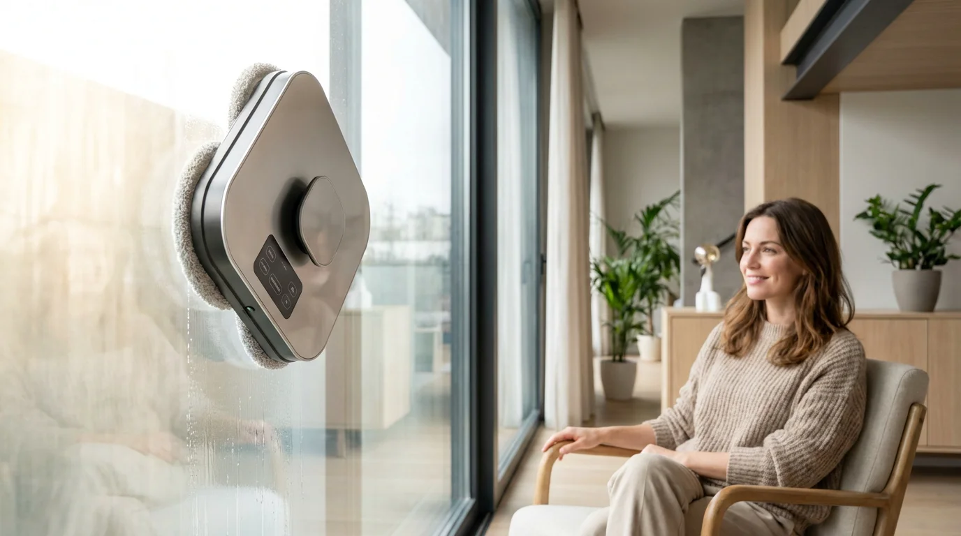 Robot lavavetri automatico in funzione su una grande vetrata in un appartamento moderno