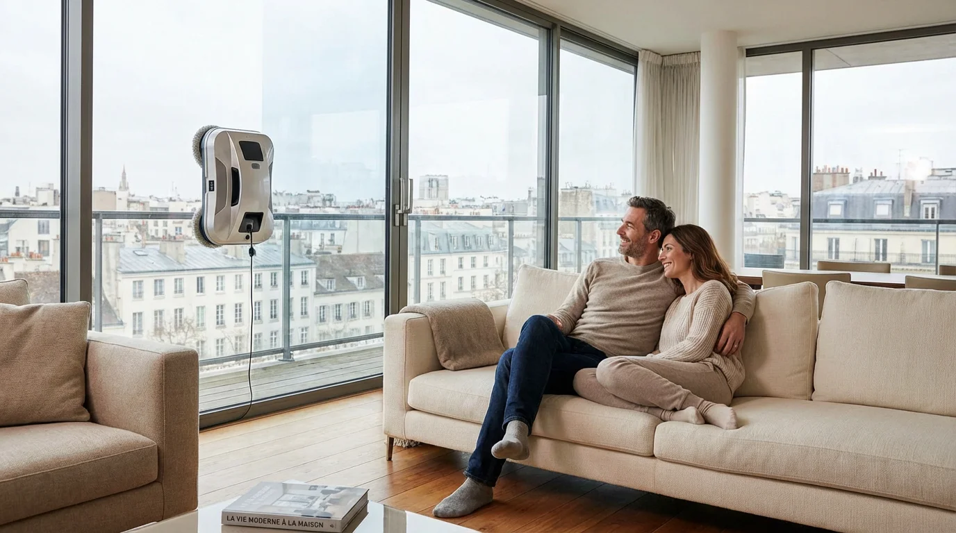 Coppia che si rilassa in un soggiorno moderno mentre un robot lavavetri pulisce automaticamente la vetrata