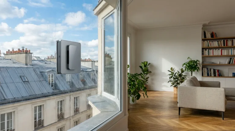 Robot lave-vitre autonome en action sur une grande baie vitrée dans un intérieur français moderne