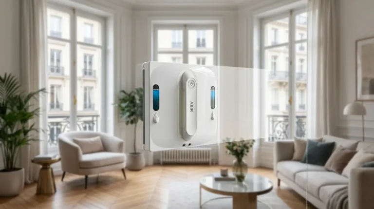 Robot lave-vitre automatique en action sur une grande baie vitrée dans un intérieur français