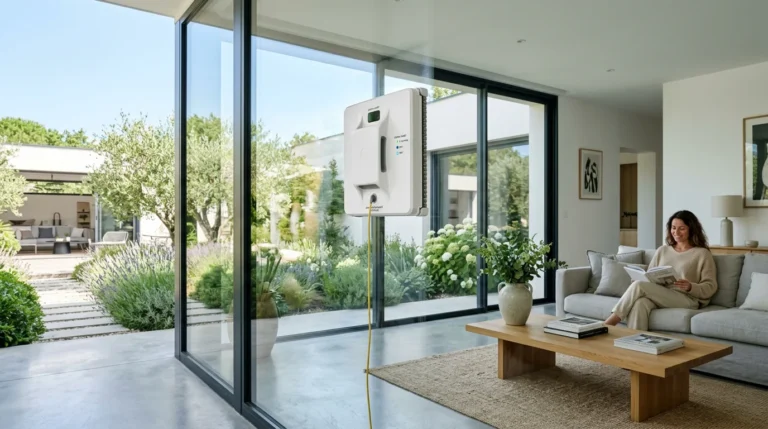 Robot lave-vitre nettoyant une grande baie vitrée dans une maison moderne