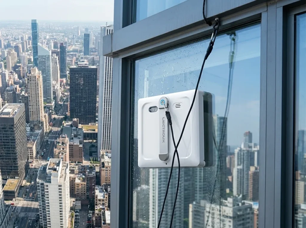 Robot lavavetri Liectroux S9 agganciato a una vetrata di un edificio in altezza, corda di sicurezza e moschettone fissati al telaio