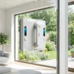Robot lavavetri ABIR WD9 su una vetrata con vista su un giardino