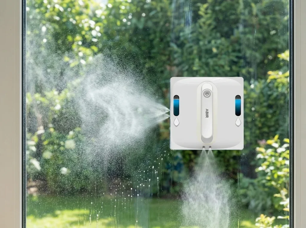 Robot lavavetri ABIR WD9 che nebulizza acqua su un vetro