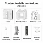 Contenuto della confezione del robot lavavetri ABIR WD9: robot, panni, alimentatore, flacone di riempimento, cordicella di sicurezza, telecomando e manuale