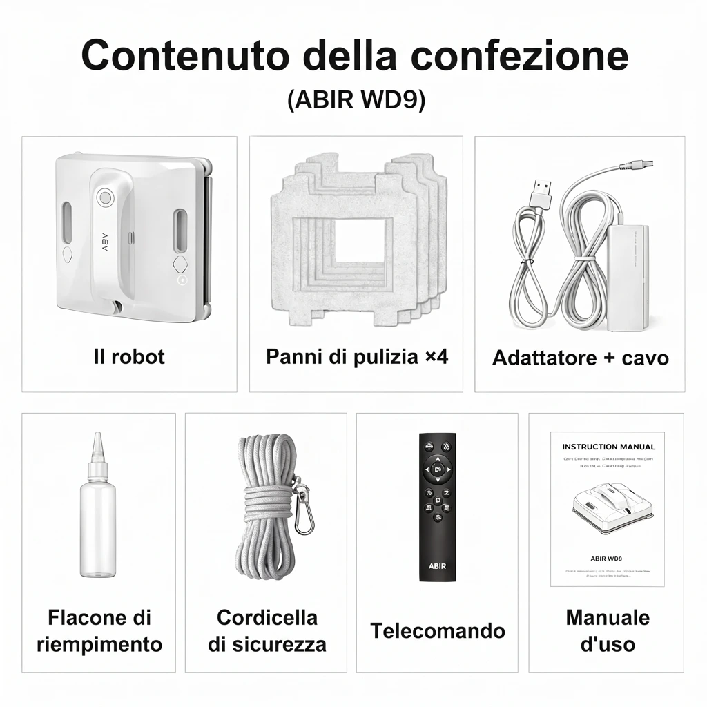 Contenuto della confezione del robot lavavetri ABIR WD9: robot, panni, alimentatore, flacone di riempimento, cordicella di sicurezza, telecomando e manuale