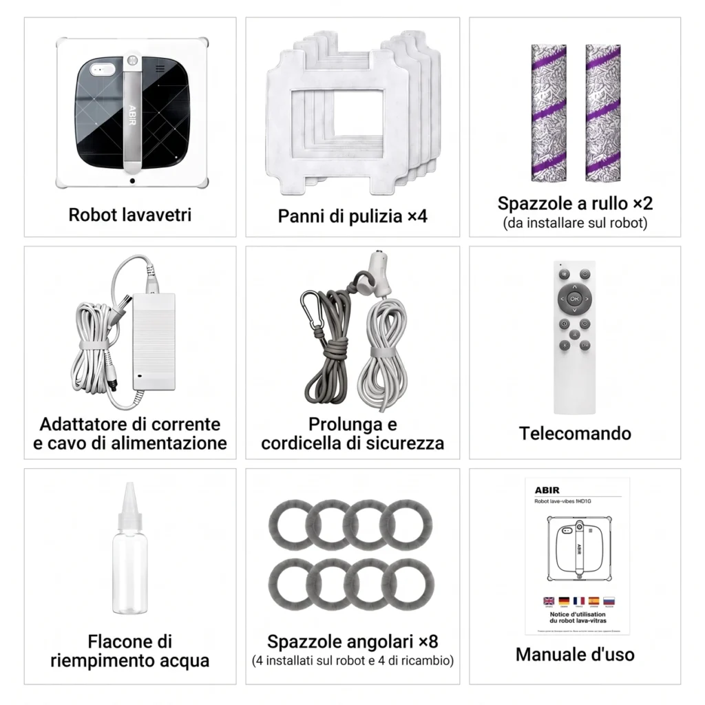 Contenido del pack ABIR WD10: mopas, cepillos, mando, cuerda y accesorios