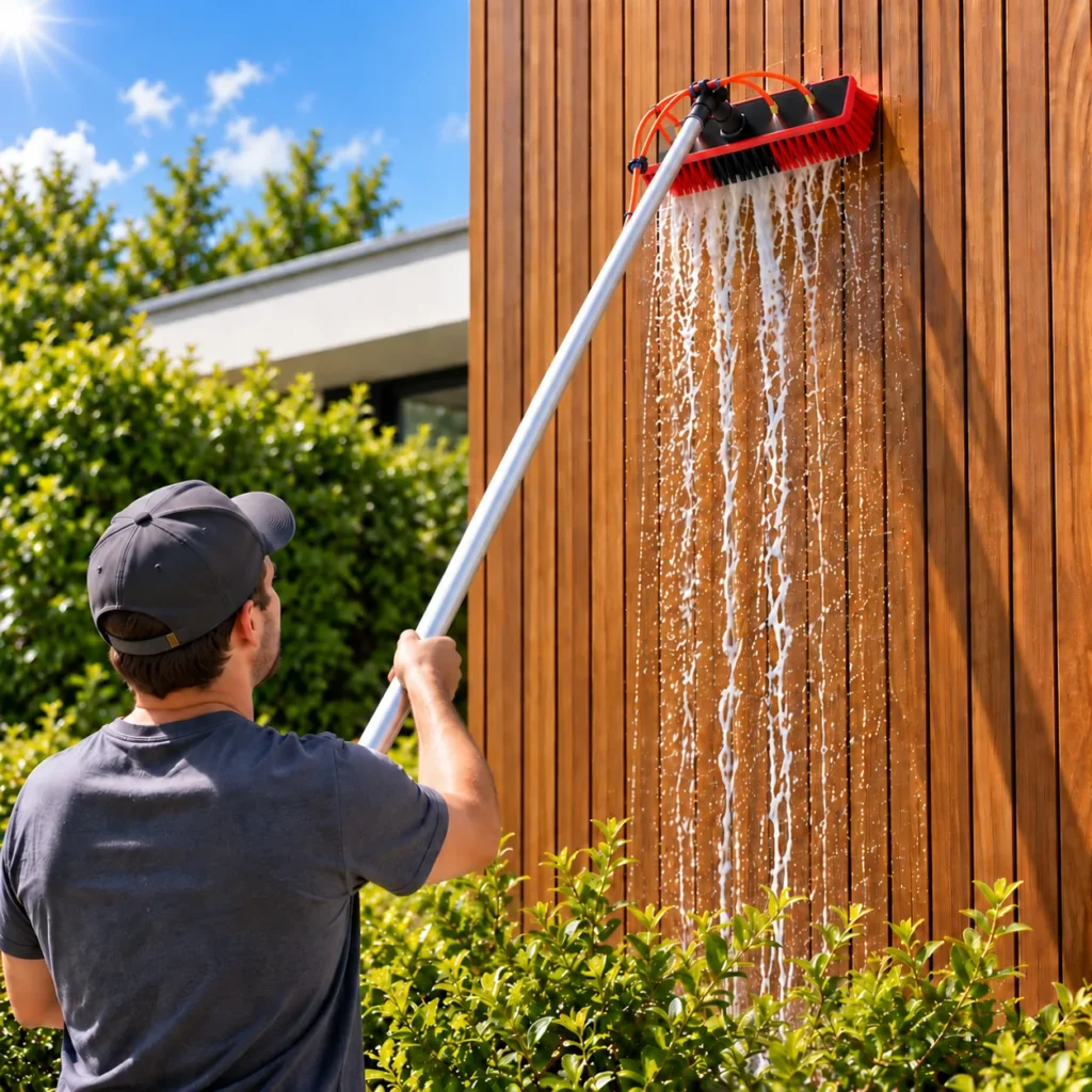 Lavaggio di un rivestimento in legno con la spazzola ad acqua SolarClean 9M