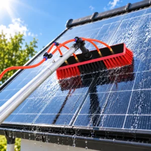 Spazzola SolarClean 9M che lava un pannello solare su un tetto